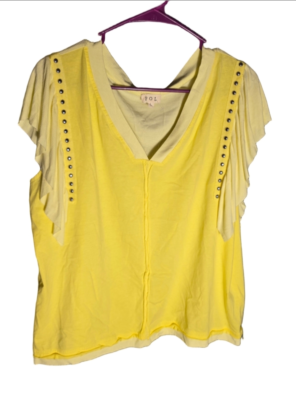 Women's POL Yellow Short Sleeve Tee L silver accents ruffles trendy beach